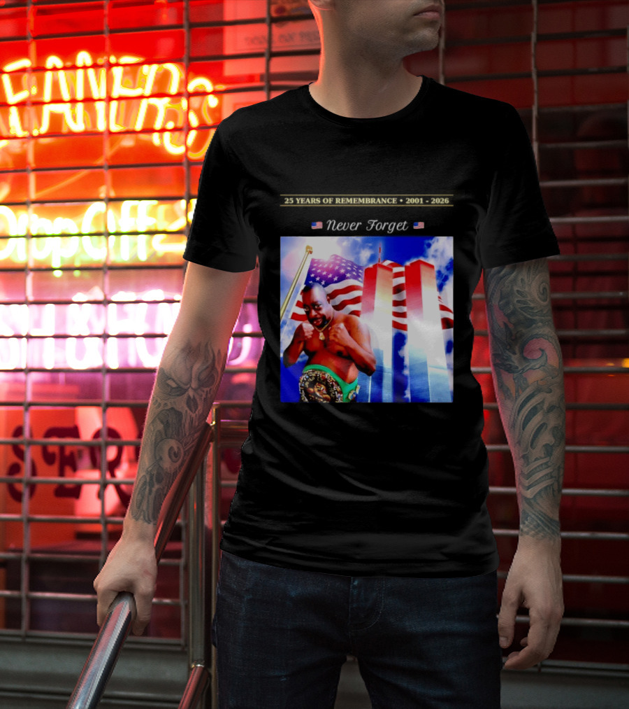 25 Years Of Remembrance 2001 2026 Beetlejuice Never Forget Twin Towers Boxing Belt American Flag T-Shirt