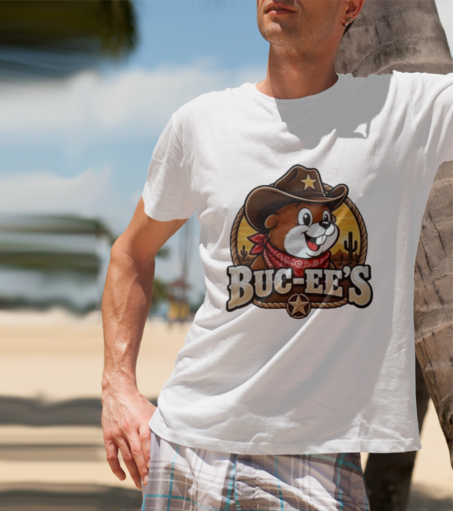 Buc Ee's Cowboy Howdy Beaver Star Bandana Cacti Desert Scene T-Shirt