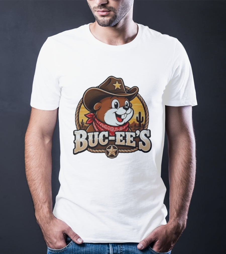 Buc Ee's Cowboy Howdy Beaver Star Bandana Cacti Desert Scene T-Shirt