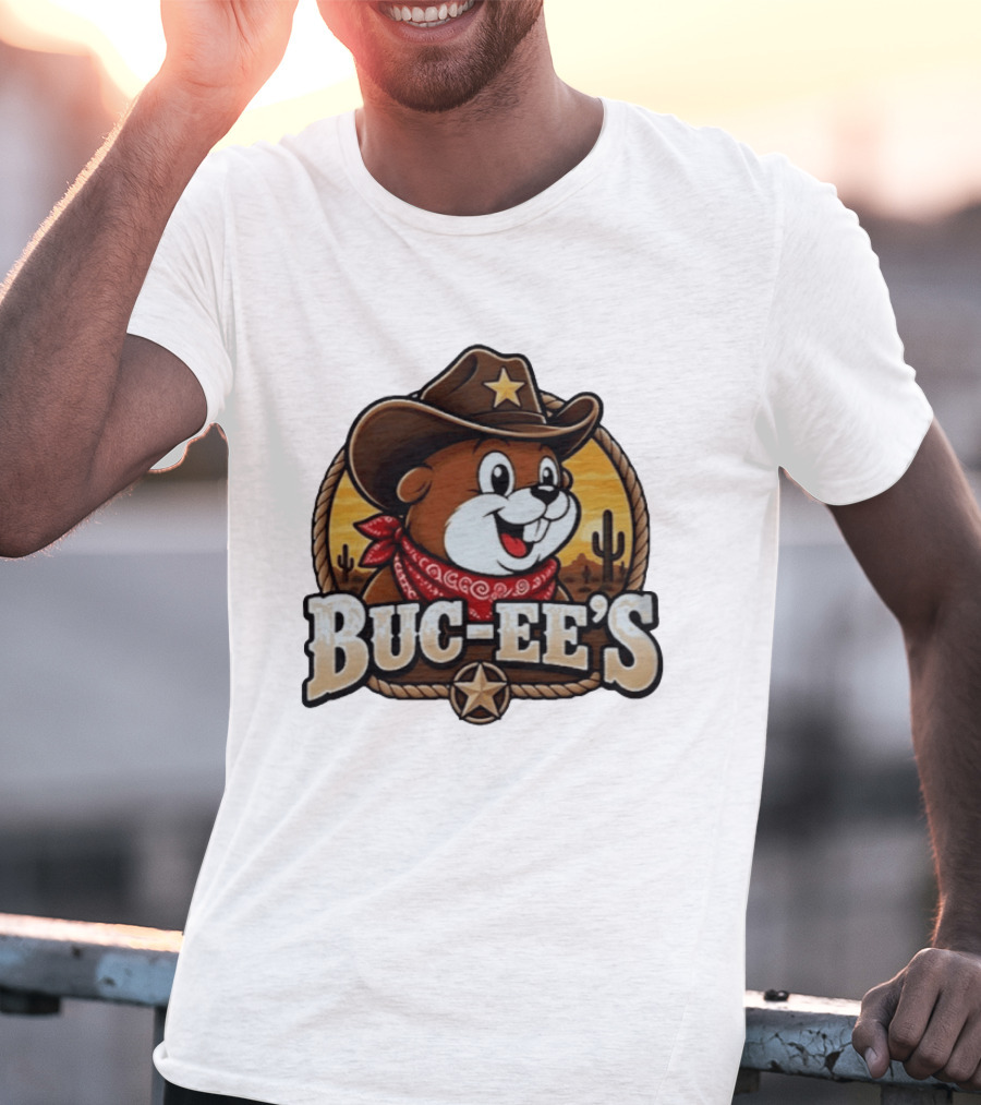 Buc Ee's Cowboy Howdy Beaver Star Bandana Cacti Desert Scene T-Shirt