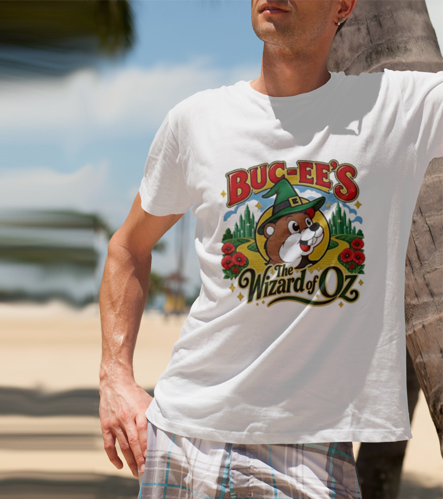 Buc Ee's The Wizard Of Oz Themed Parody With Beaver In Green Hat And Yellow Brick Road T-Shirt