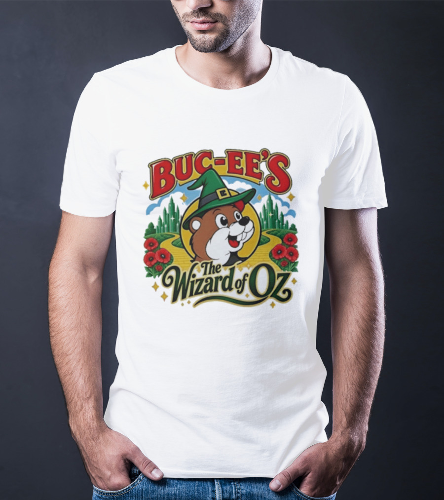 Buc Ee's The Wizard Of Oz Themed Parody With Beaver In Green Hat And Yellow Brick Road T-Shirt