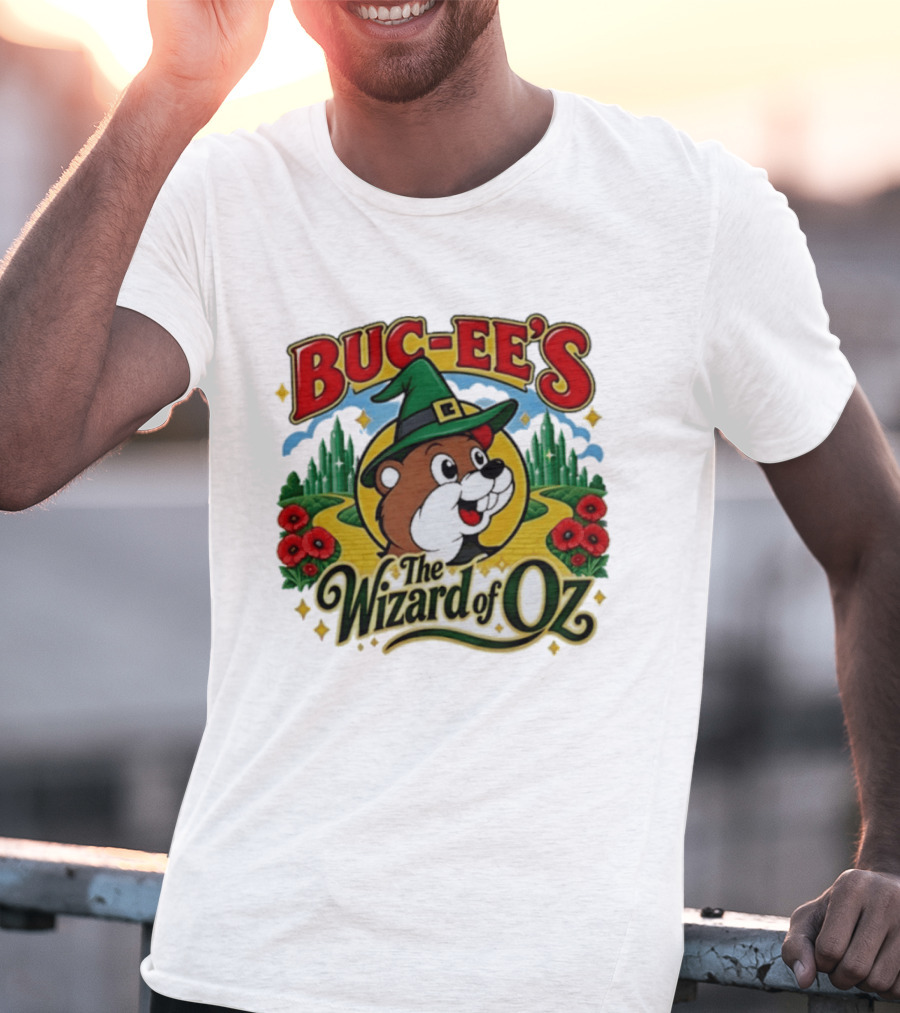 Buc Ee's The Wizard Of Oz Themed Parody With Beaver In Green Hat And Yellow Brick Road T-Shirt