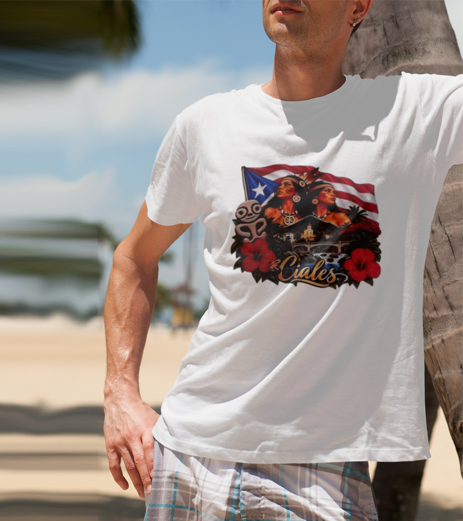 Ciales Puerto Rico Taino Women With Flag Hibiscus Flowers And Indigenous T-Shirt