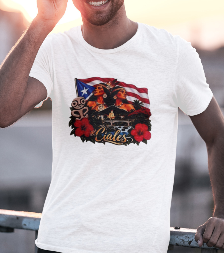 Ciales Puerto Rico Taino Women With Flag Hibiscus Flowers And Indigenous T-Shirt