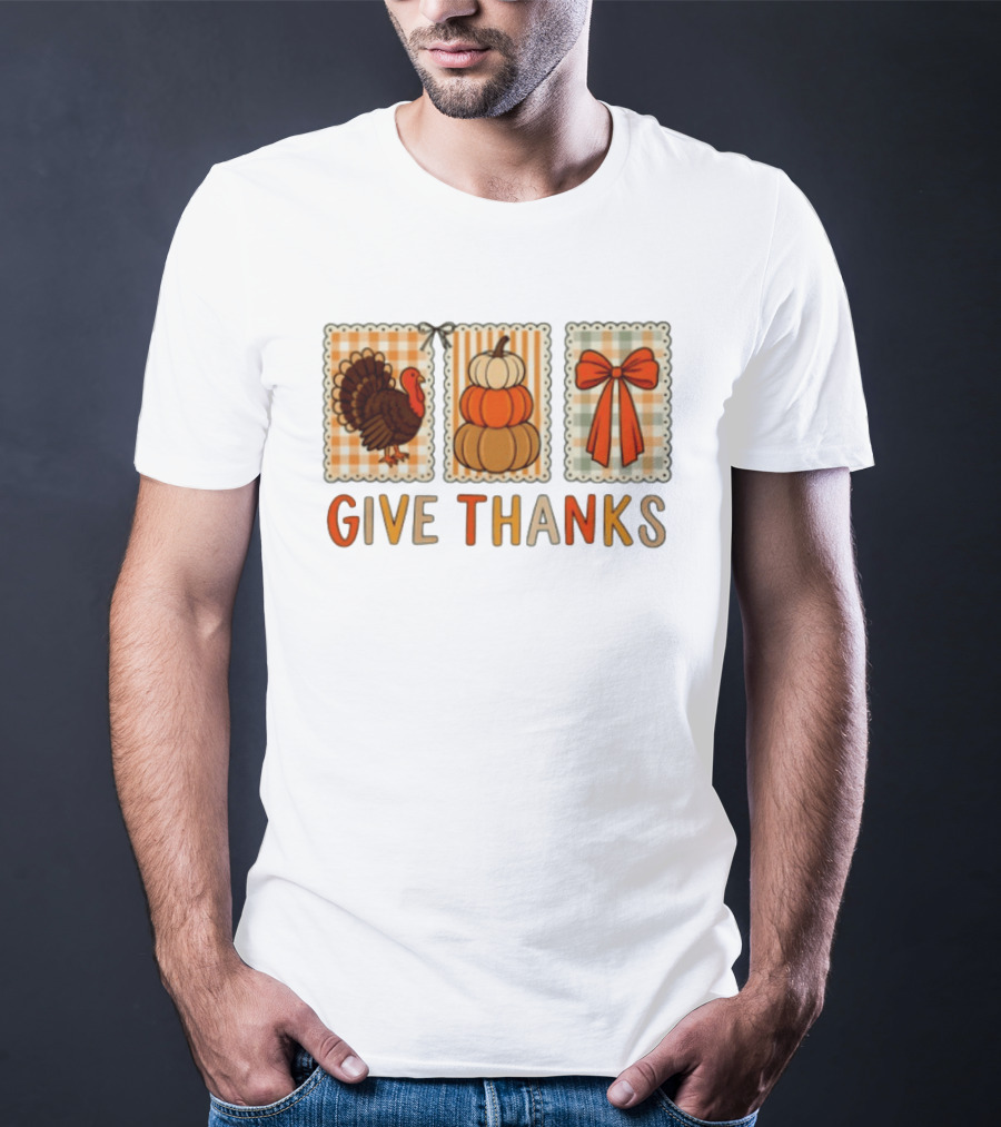 Thanksgiving Give Thanks Turkey Pumpkin Bow Harvest Celebration T-Shirt