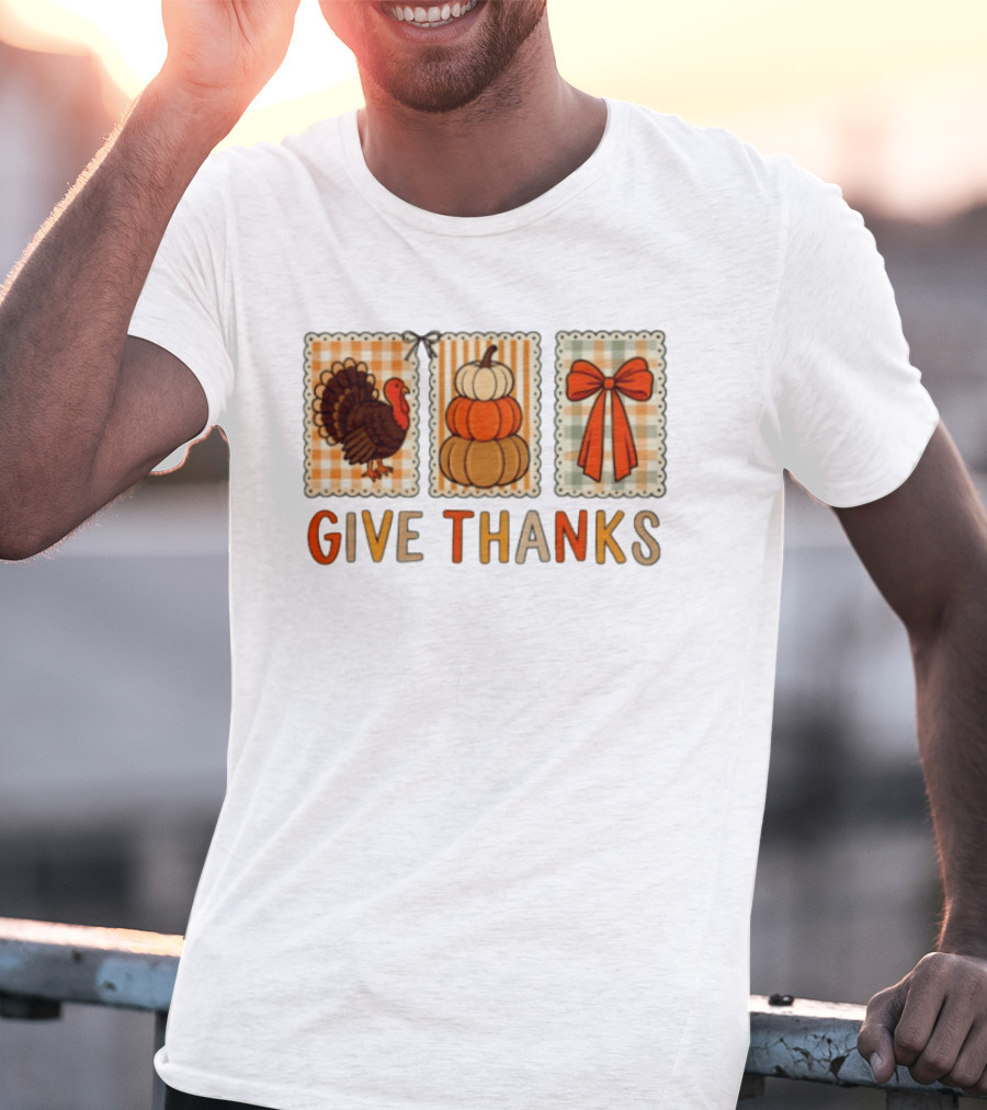 Thanksgiving Give Thanks Turkey Pumpkin Bow Harvest Celebration T-Shirt