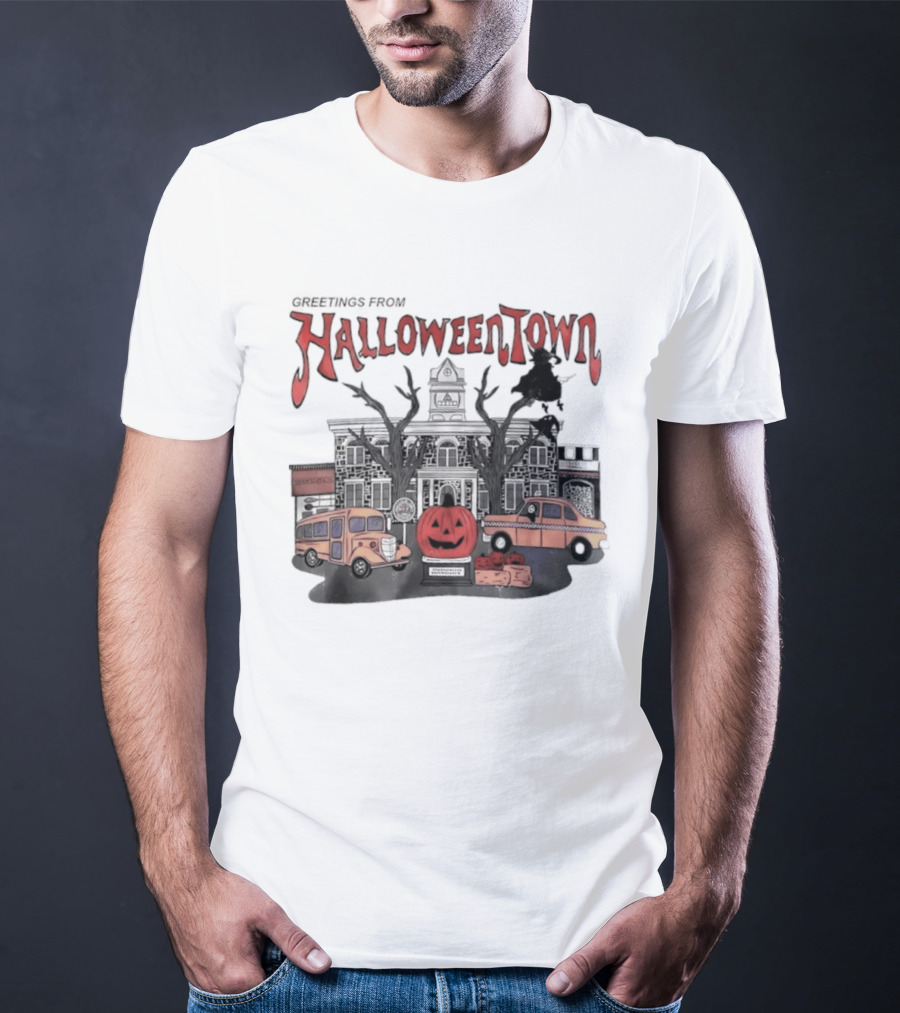 Greetings From Halloweentown Pumpkin Bus Witches Taxi T-Shirt