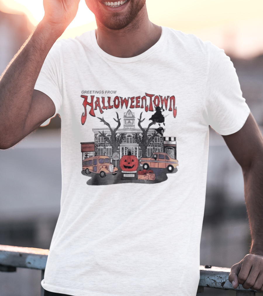 Greetings From Halloweentown Pumpkin Bus Witches Taxi T-Shirt