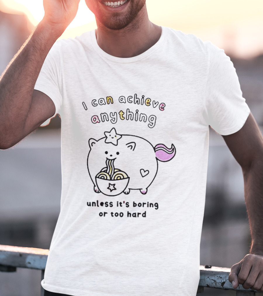 I Can Achieve Anything Cute Starry Cat Eating Noodles Unless It's Boring Or Too Hard T-Shirt