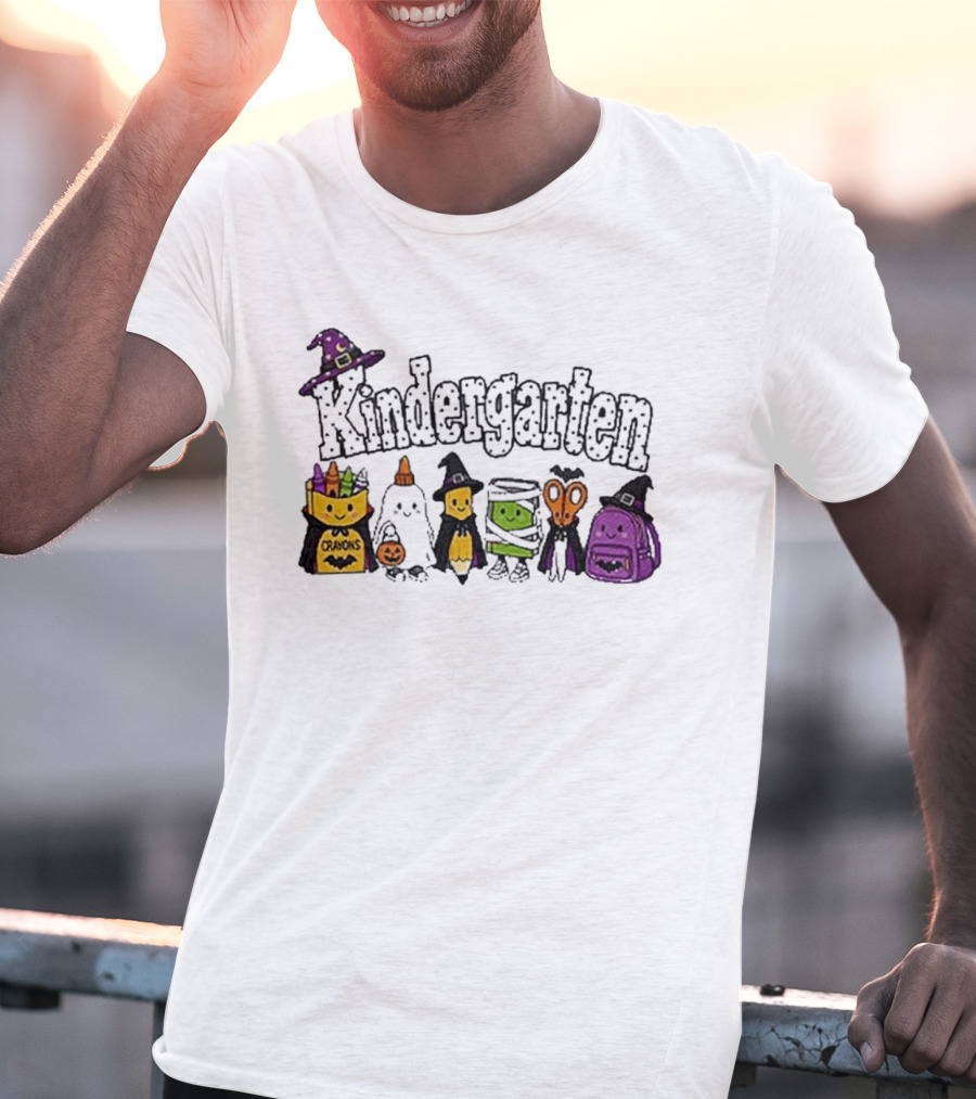 Kindergarten Crayons Ghost Bat Pumpkin Mummy Scissors Backpack Halloween T-Shirt