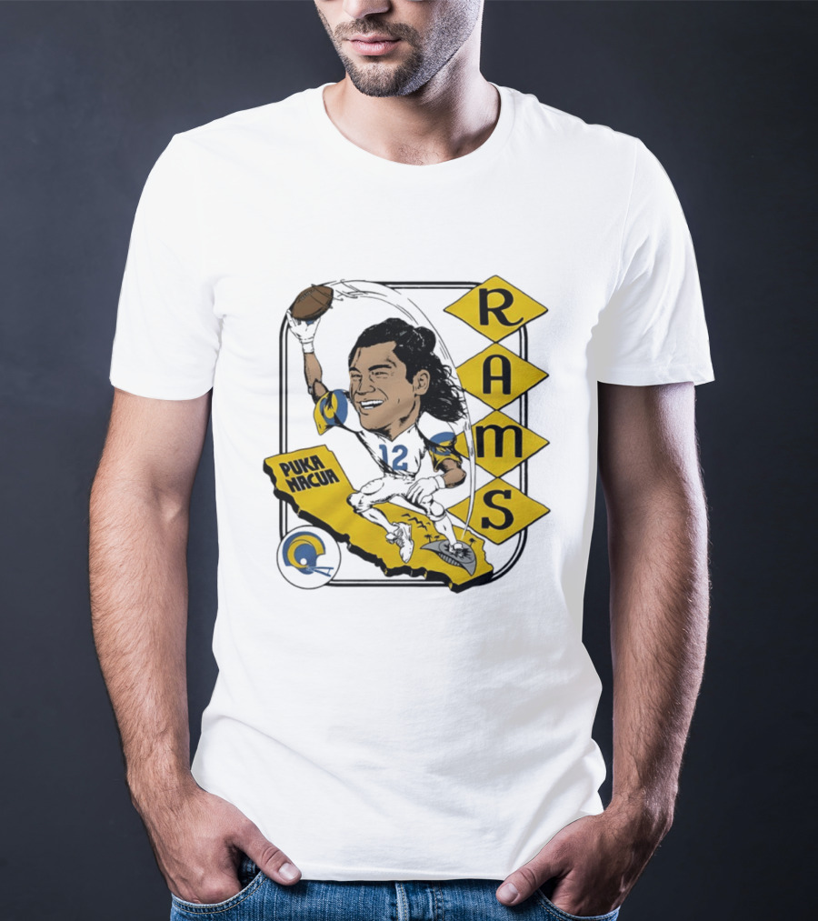 Los Angeles Rams Puka Nacua Caricature Football Player California Map T-Shirt