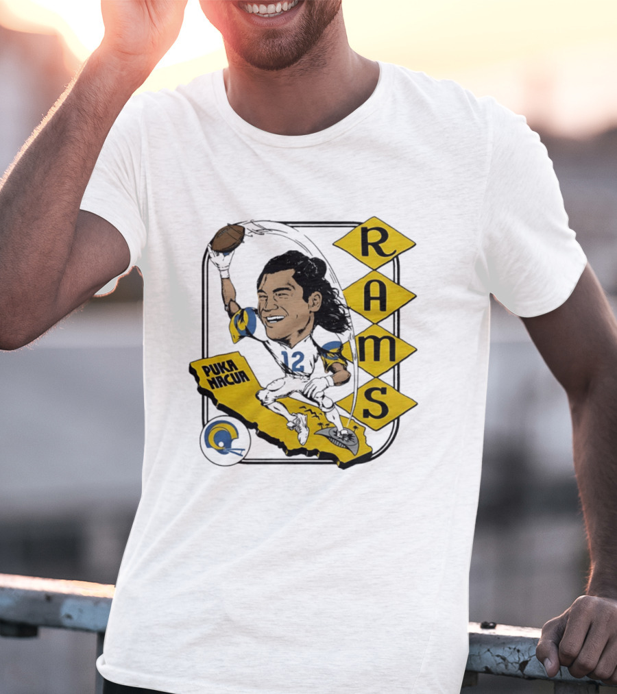 Los Angeles Rams Puka Nacua Caricature Football Player California Map T-Shirt
