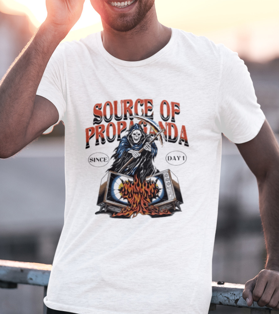 Source Of Propaganda Since Day 1 Grim Reaper Over Burning Television T-Shirt