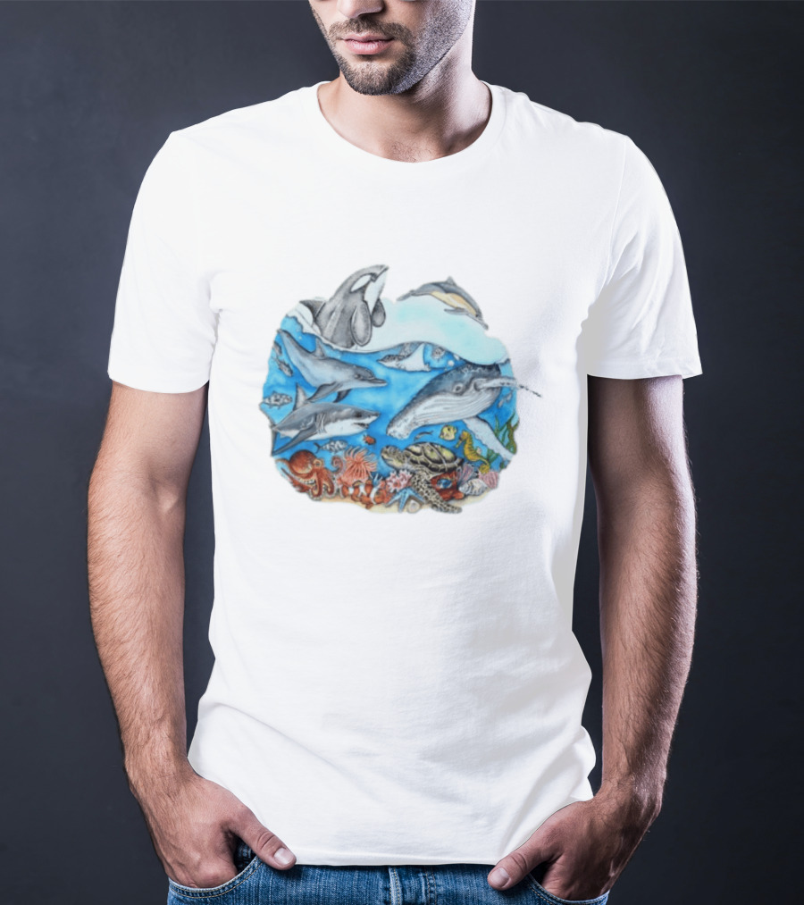 World Oceans Day Marine Life Dolphins Whales Turtles Octopus Coral Sea Animals Conservation T-Shirt