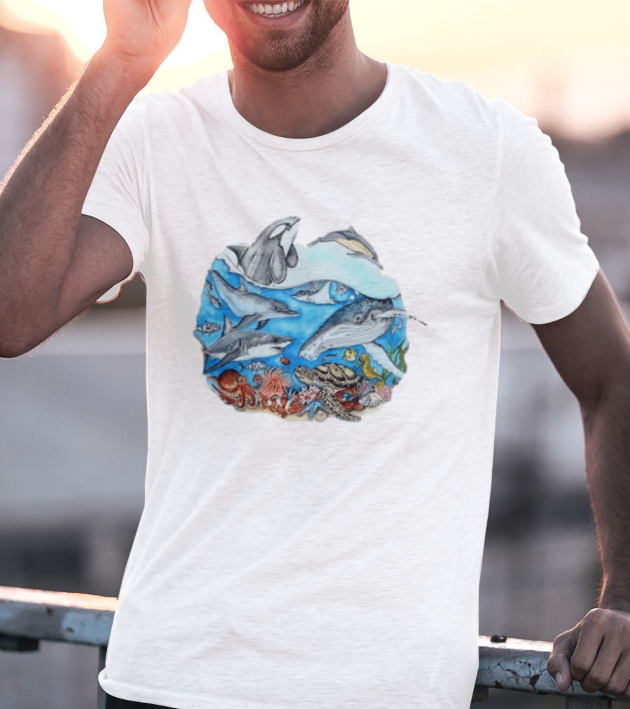 World Oceans Day Marine Life Dolphins Whales Turtles Octopus Coral Sea Animals Conservation T-Shirt
