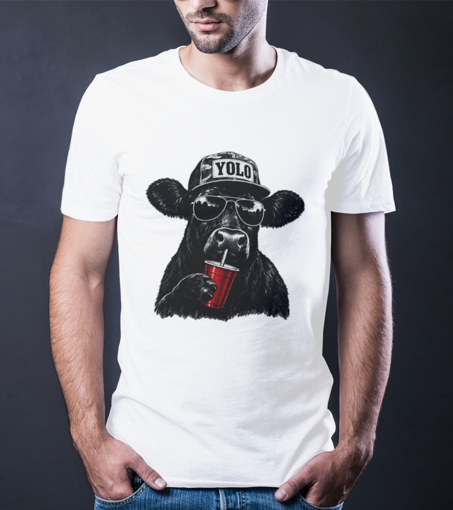 YOLO Angus Cattle With Sunglasses And Red Cup Western T-Shirt