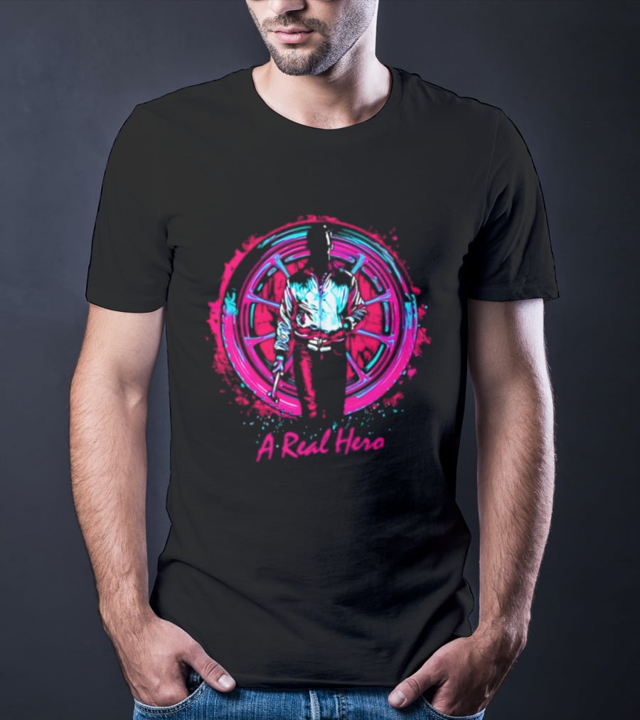 Drive Ryan Gosling Synthwave A Real Hero Wheel T-Shirt