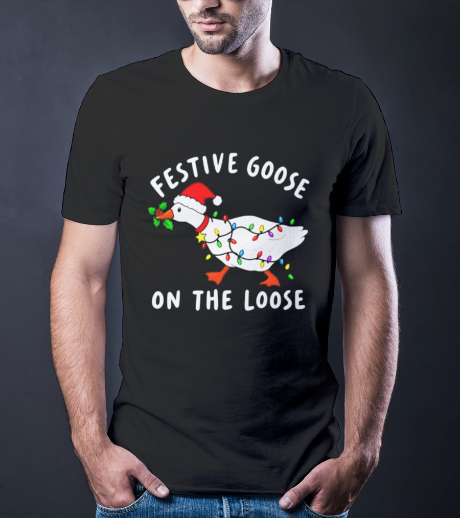 Festive Goose On The Loose With Christmas Lights And Santa Hat T-Shirt