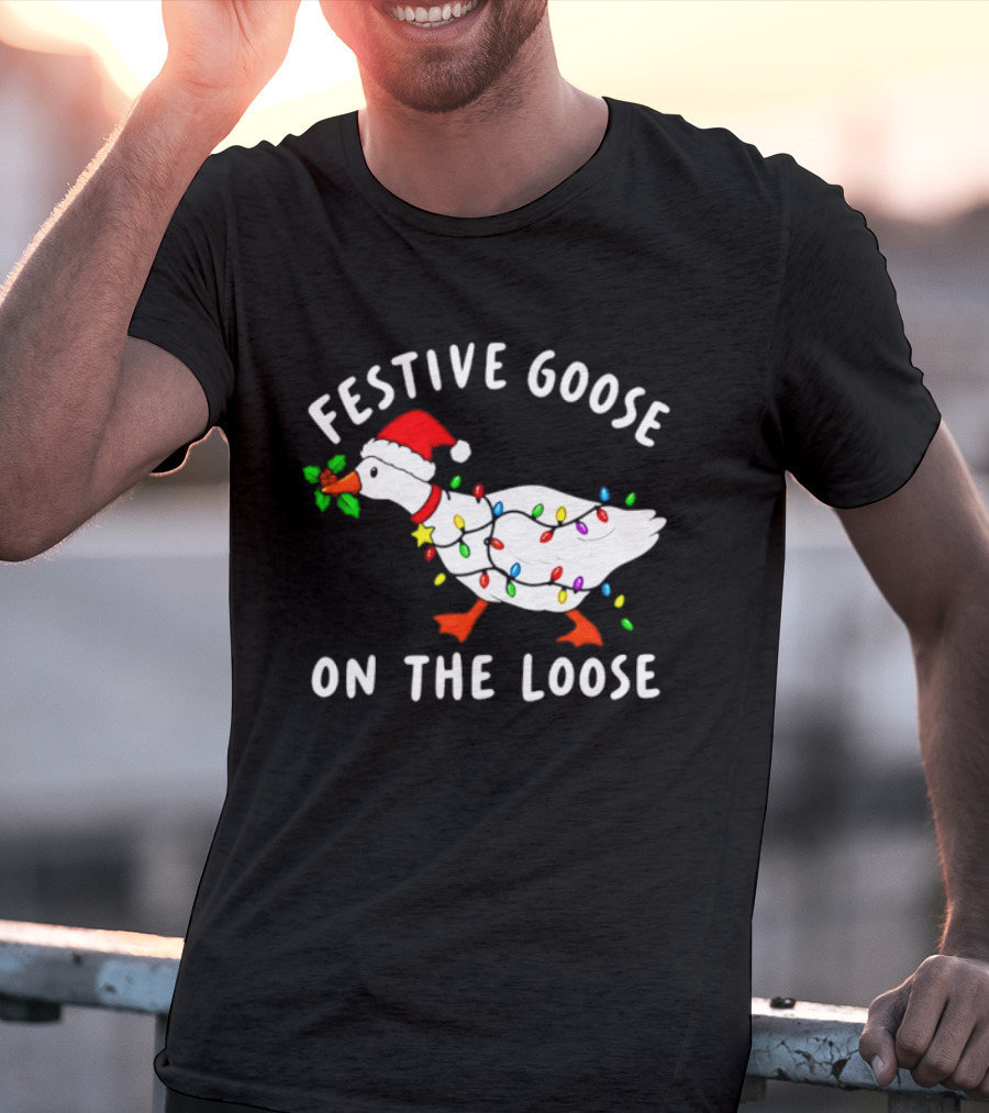 Festive Goose On The Loose With Christmas Lights And Santa Hat T-Shirt