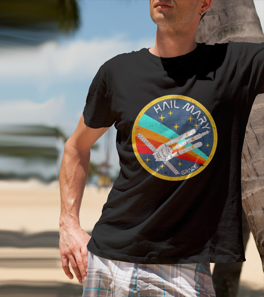 Hail Mary Grace Project Space Mission Emblem Retro Rocket T-Shirt