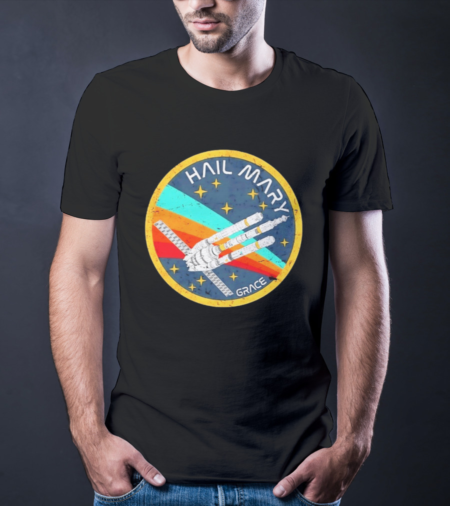 Hail Mary Grace Project Space Mission Emblem Retro Rocket T-Shirt