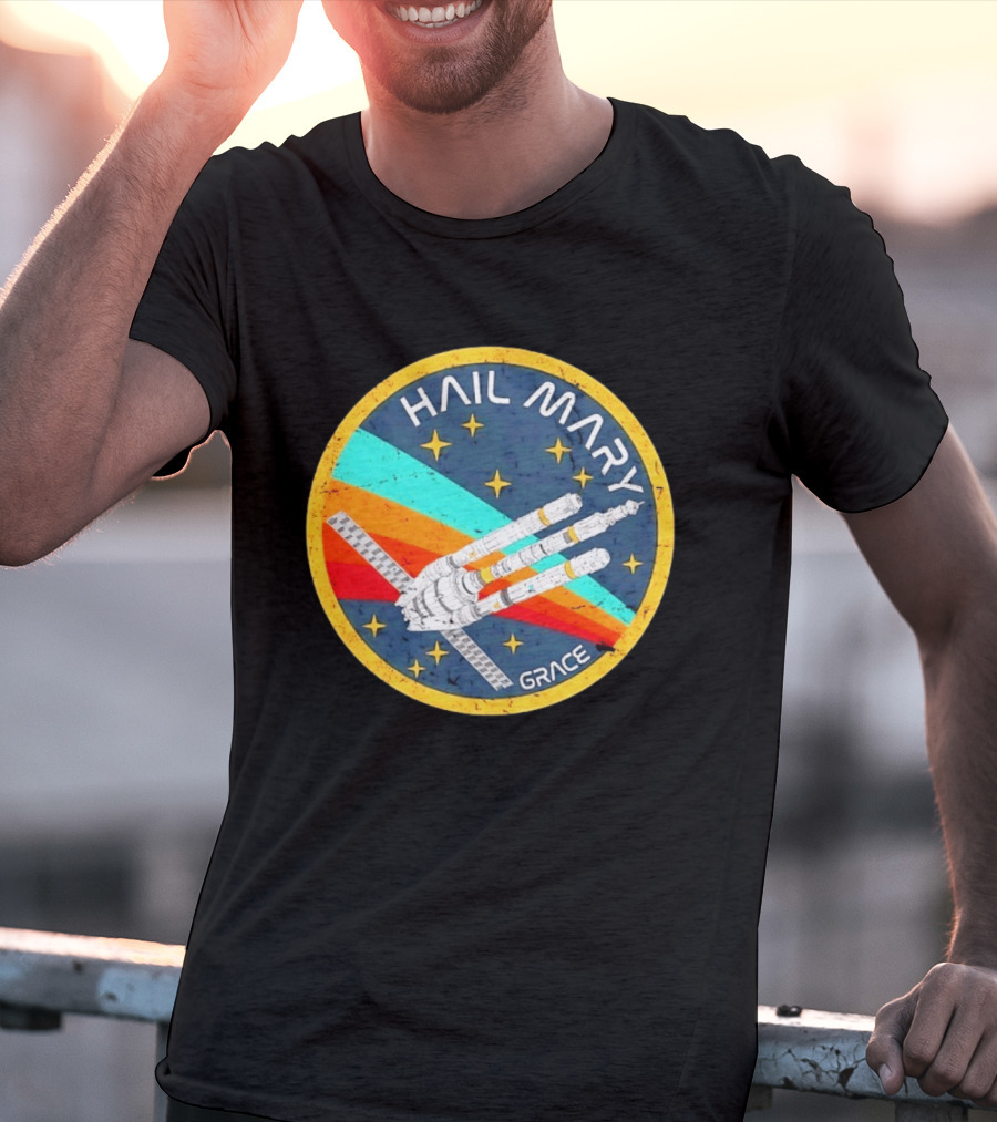 Hail Mary Grace Project Space Mission Emblem Retro Rocket T-Shirt