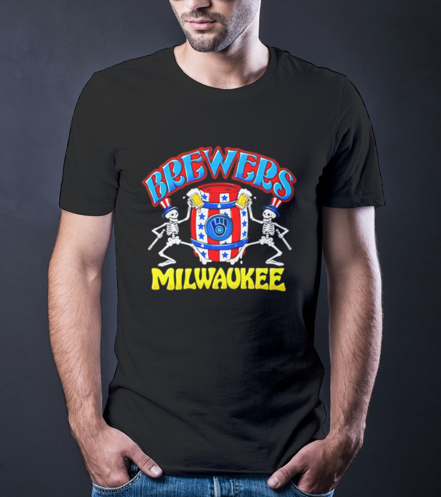 Brewers Milwaukee Skeleton Patriotic Barrel T-Shirt