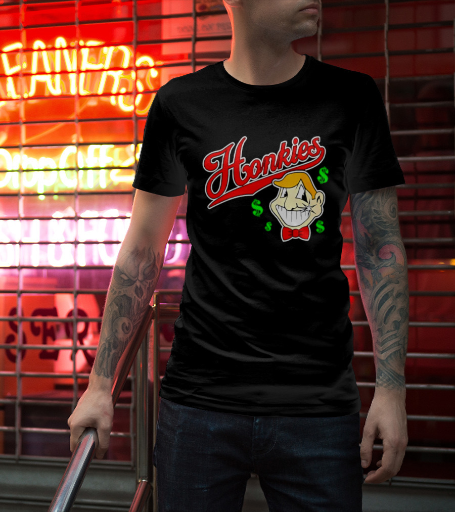 Honkies Red Script Cash Icon With Cartoon Face And Bow Tie T-Shirt