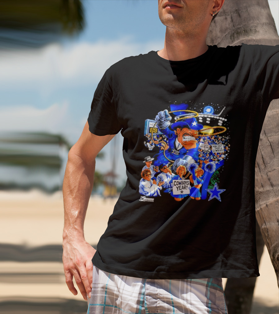 Dallas Cowboys Rowdy Mascot With Star And Cheerleaders Retro Cartoon T-Shirt
