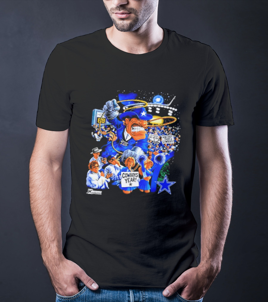 Dallas Cowboys Rowdy Mascot With Star And Cheerleaders Retro Cartoon T-Shirt
