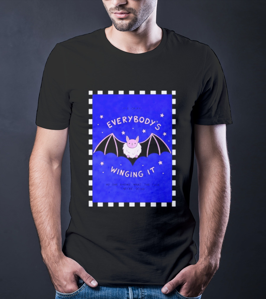 It's Okay Everybody's Winging It No One Knows What They're Doing Pink Bat With Stars T-Shirt