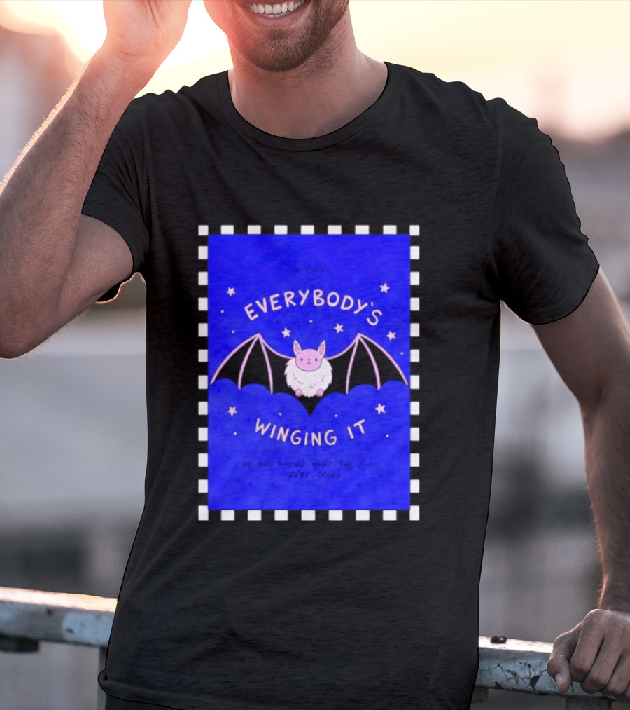 It's Okay Everybody's Winging It No One Knows What They're Doing Pink Bat With Stars T-Shirt