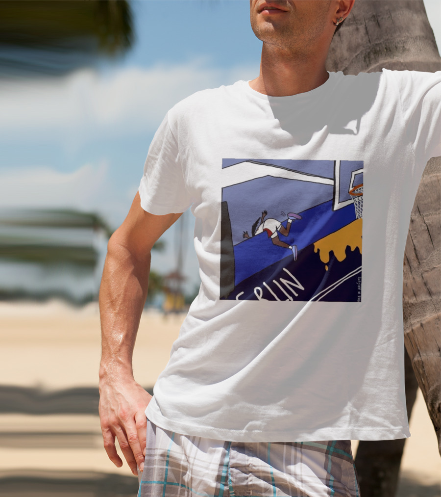 Basketball Player Diving Off Court Cartoon NBA Fan Art By Reuben Armstrong T-Shirt