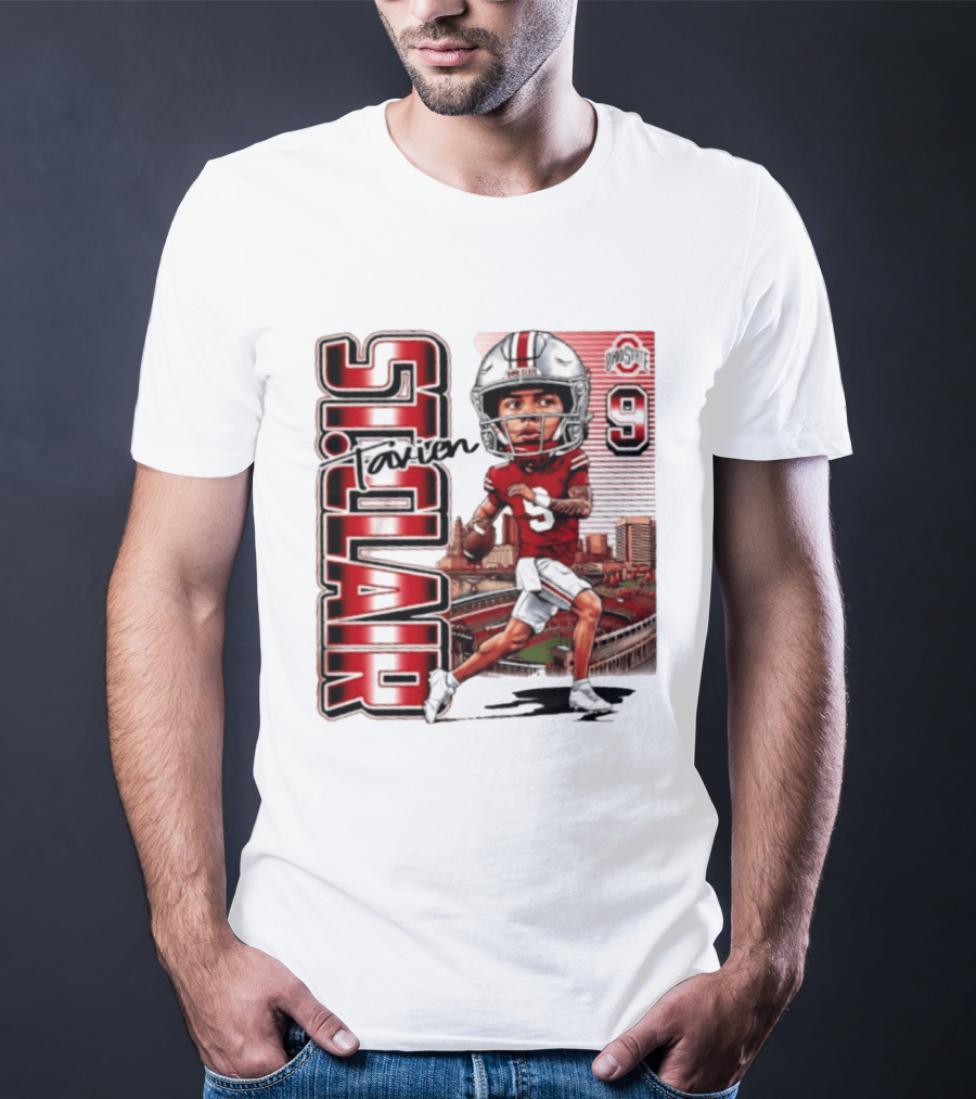 Tavien St. Clair 9 Ohio State Buckeyes Player Caricature With Ohio Stadium T-Shirt