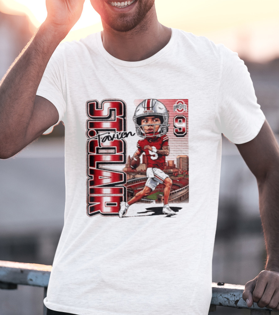 Tavien St. Clair 9 Ohio State Buckeyes Player Caricature With Ohio Stadium T-Shirt