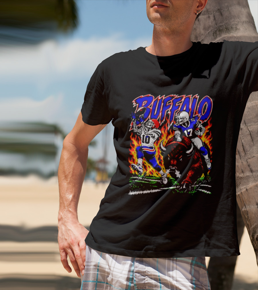 Buffalo Bills Flaming Skeleton Football Players Number 10 And 17 T-Shirt
