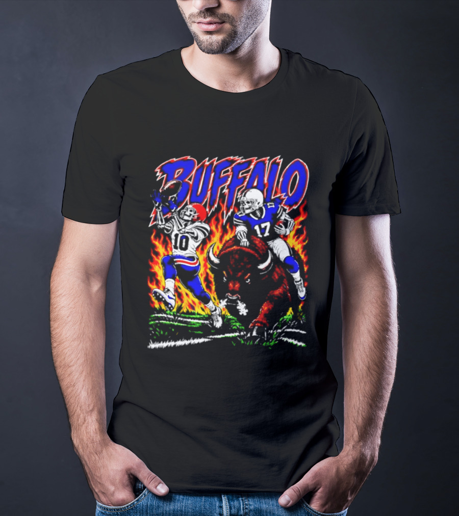 Buffalo Bills Flaming Skeleton Football Players Number 10 And 17 T-Shirt