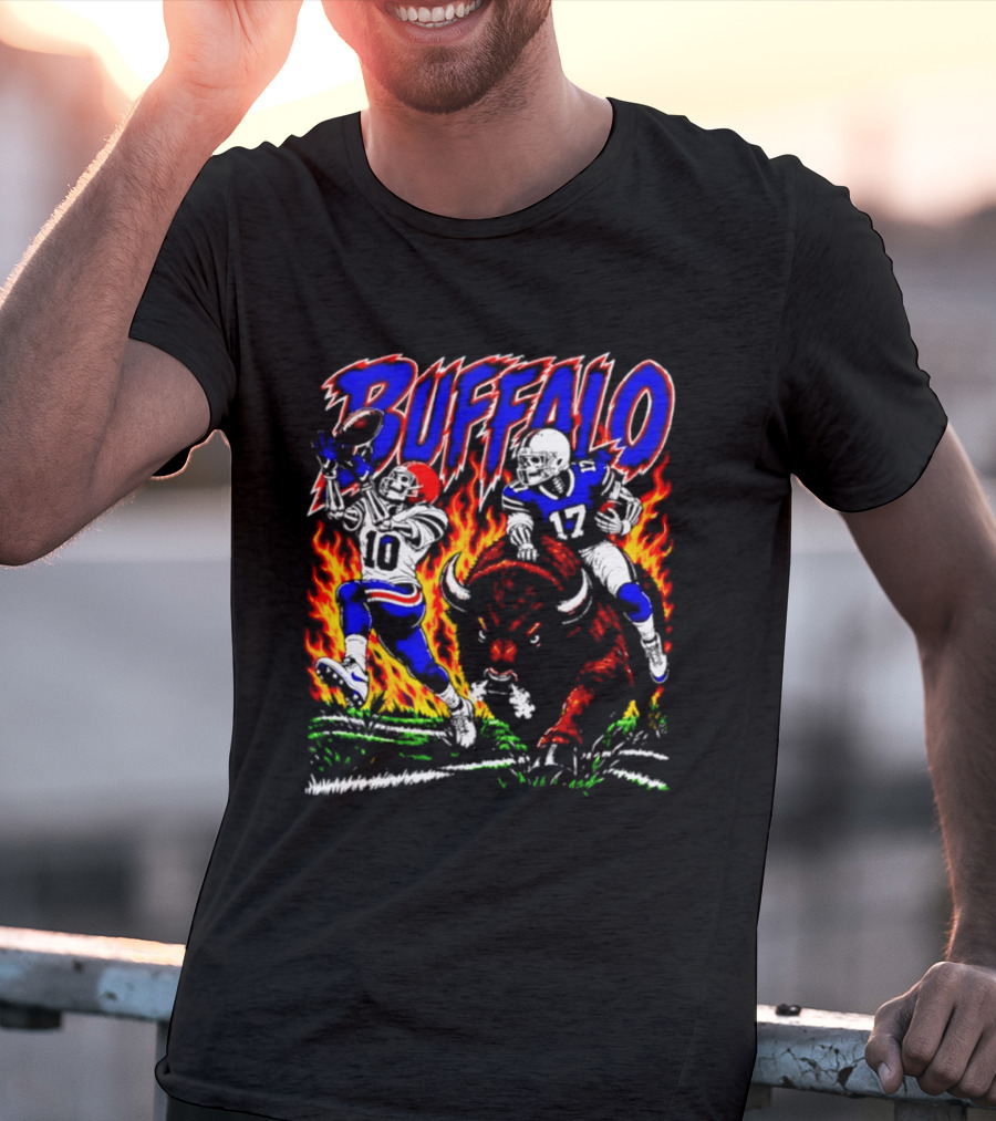 Buffalo Bills Flaming Skeleton Football Players Number 10 And 17 T-Shirt