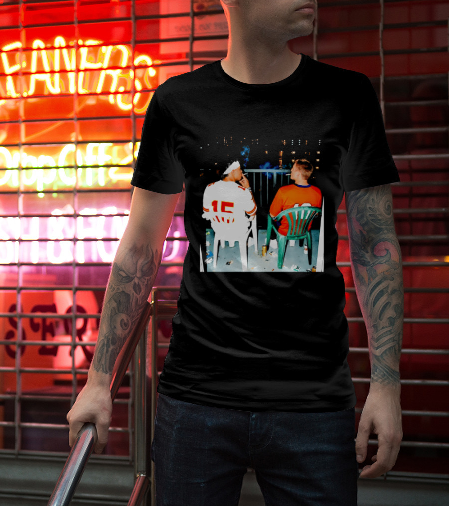 Patrick Mahomes Kansas City Chiefs And Bo Nix Denver Broncos Smoking Behind Skyline T-Shirt