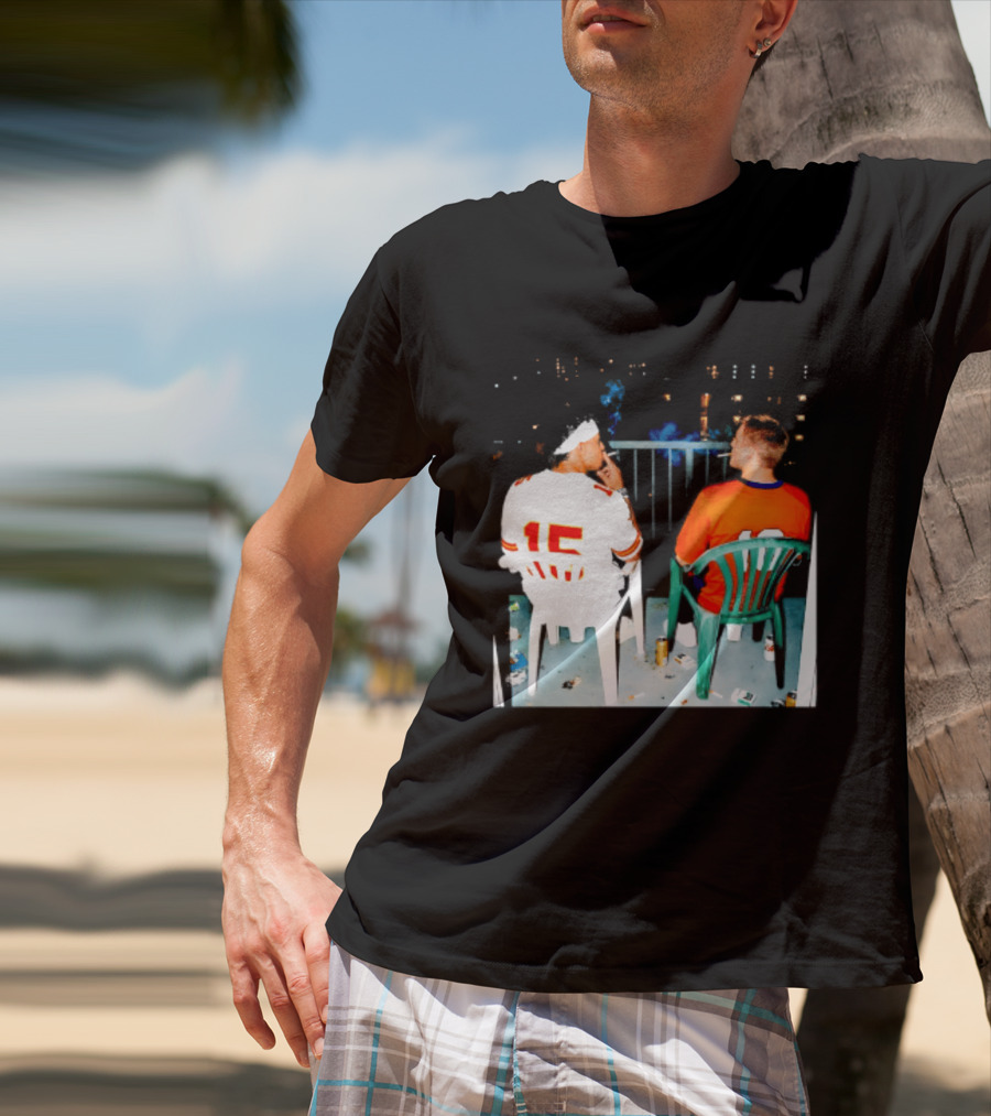 Patrick Mahomes Kansas City Chiefs And Bo Nix Denver Broncos Smoking Behind Skyline T-Shirt