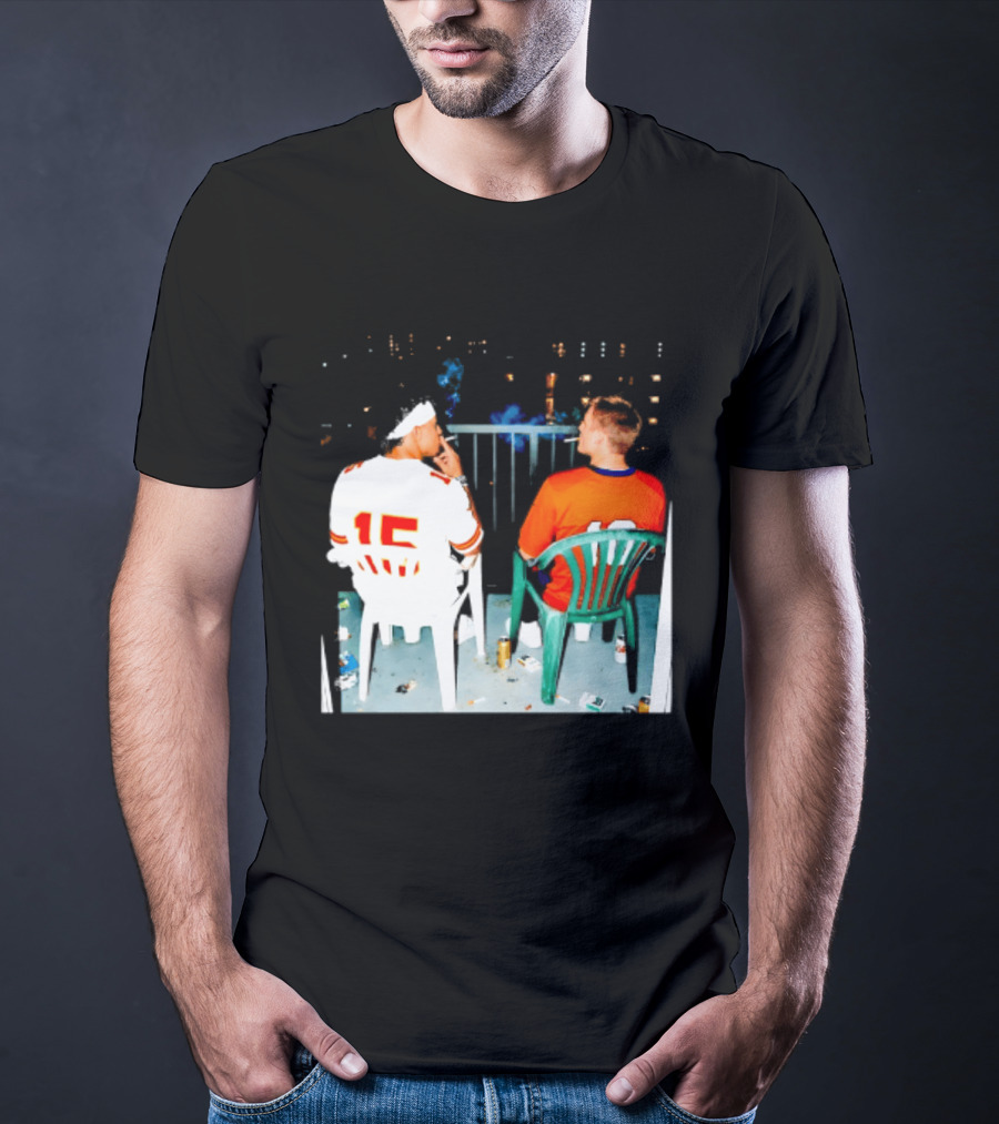 Patrick Mahomes Kansas City Chiefs And Bo Nix Denver Broncos Smoking Behind Skyline T-Shirt
