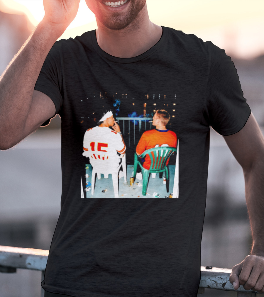 Patrick Mahomes Kansas City Chiefs And Bo Nix Denver Broncos Smoking Behind Skyline T-Shirt