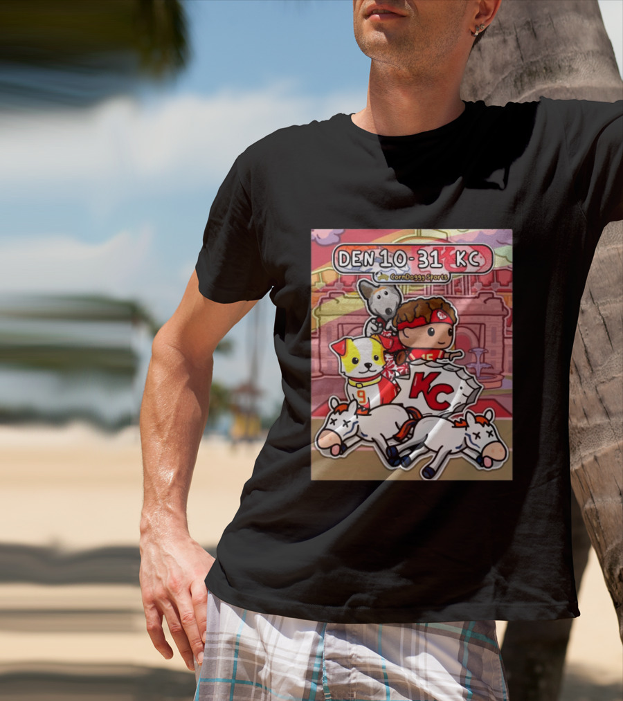 CornDoggy Sports DEN 10 31 KC Denver Broncos Vs Kansas City Chiefs Cartoon Characters And Dogs With Football T-Shirt