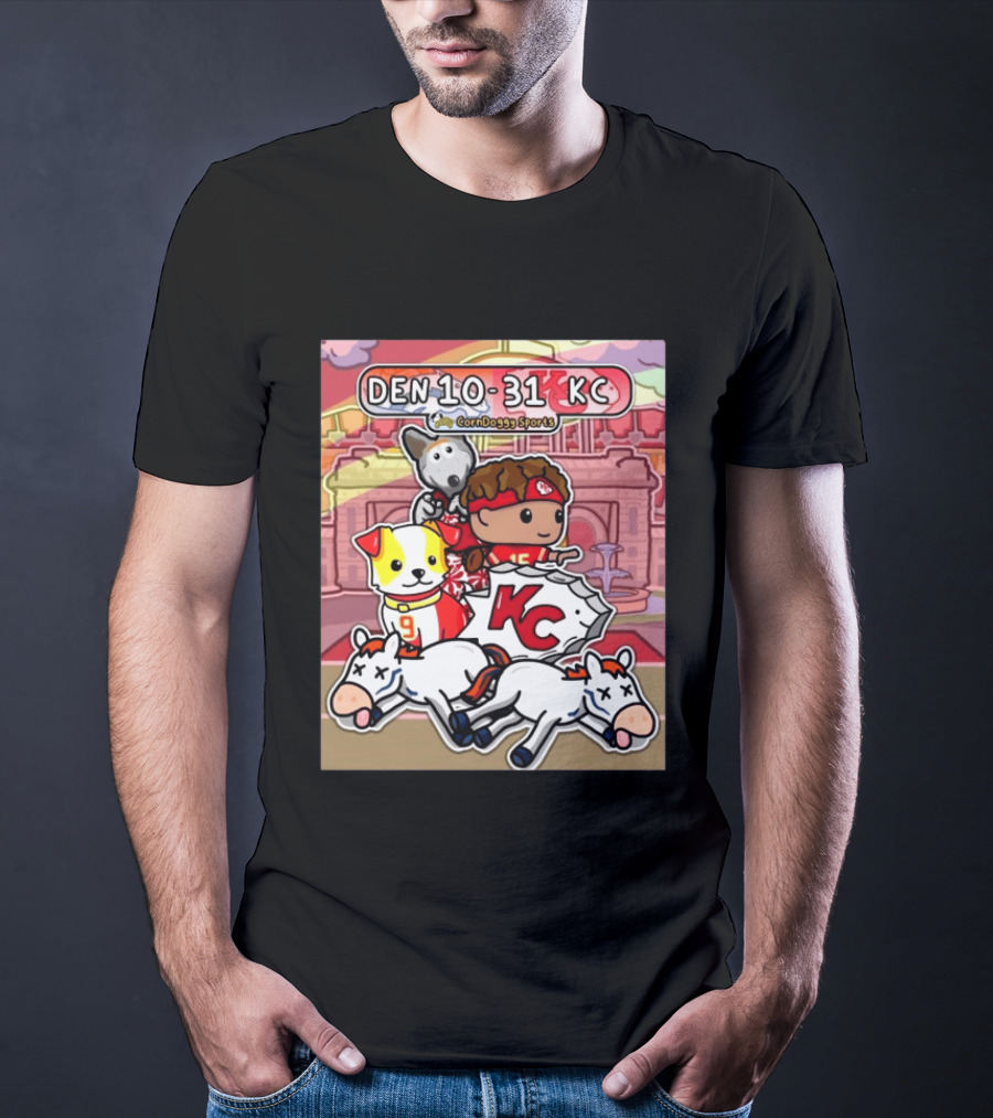 CornDoggy Sports DEN 10 31 KC Denver Broncos Vs Kansas City Chiefs Cartoon Characters And Dogs With Football T-Shirt