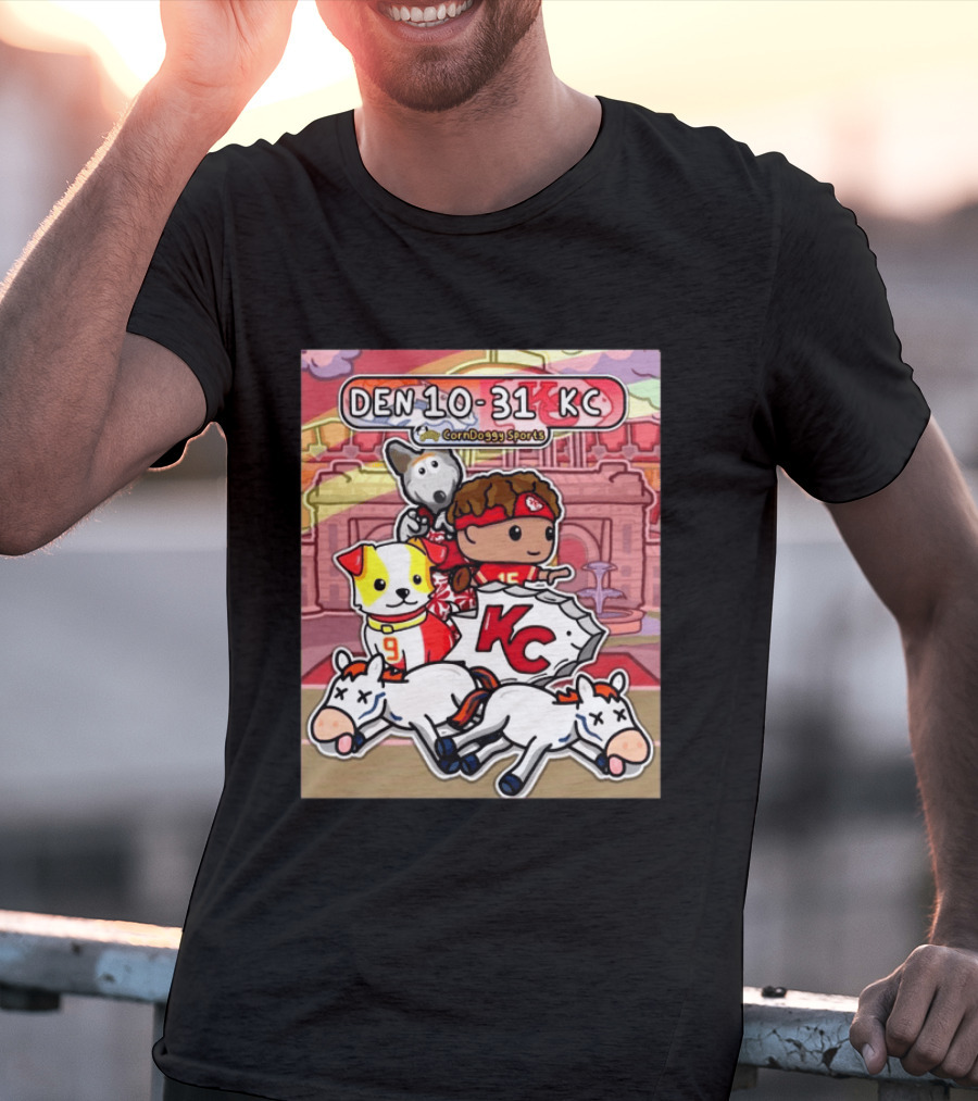 CornDoggy Sports DEN 10 31 KC Denver Broncos Vs Kansas City Chiefs Cartoon Characters And Dogs With Football T-Shirt