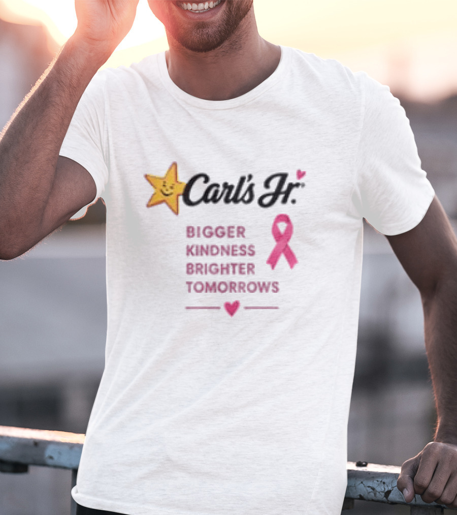 Carl's Jr Bigger Kindness Brighter Tomorrows Pink Ribbon Breast Cancer Awareness T-Shirt