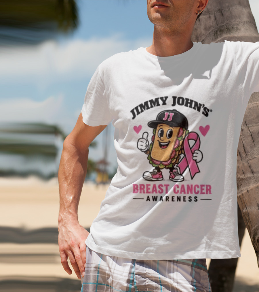 Jimmy John's Pink Ribbon Breast Cancer Awareness Sandwich JJ Hat Hearts T-Shirt