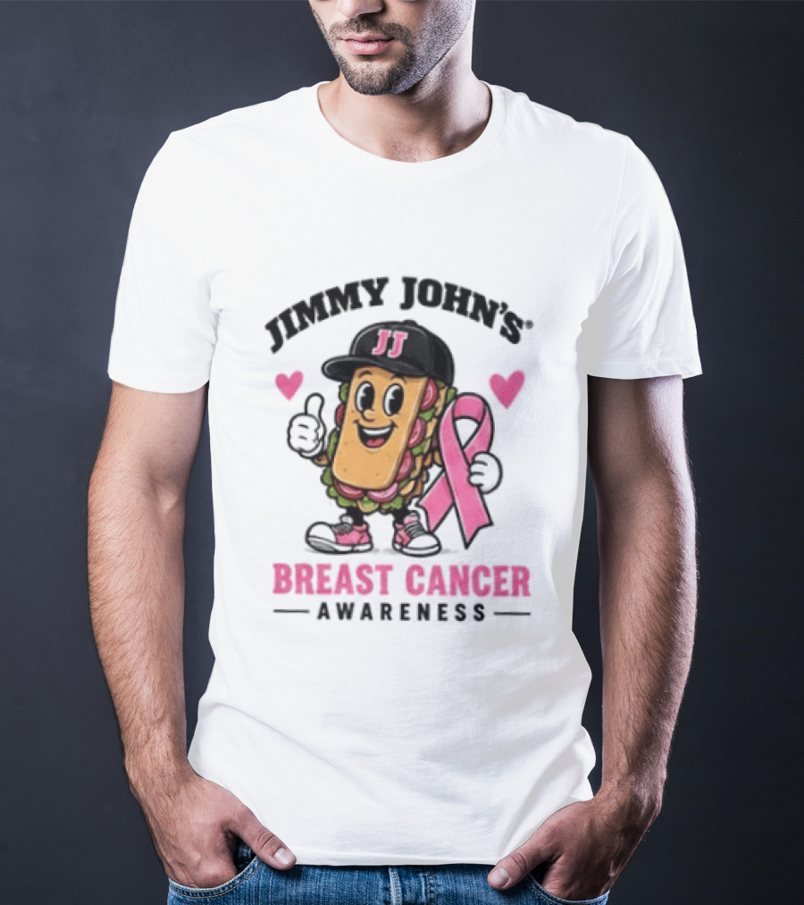 Jimmy John's Pink Ribbon Breast Cancer Awareness Sandwich JJ Hat Hearts T-Shirt