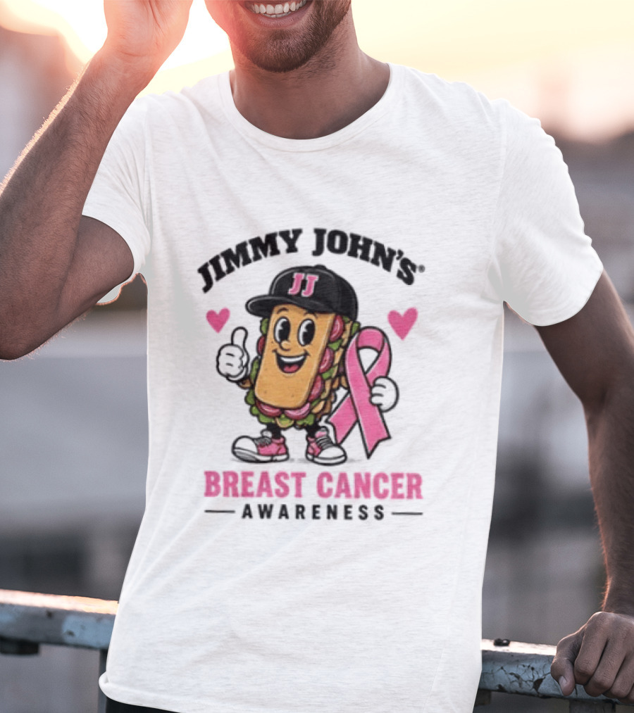 Jimmy John's Pink Ribbon Breast Cancer Awareness Sandwich JJ Hat Hearts T-Shirt